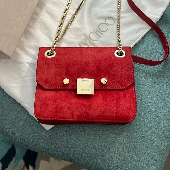 Jimmy Choo Red Suede Chain Shoulder Bag Crossbody with Box & Dust Bag EUC - Picture 3 of 13